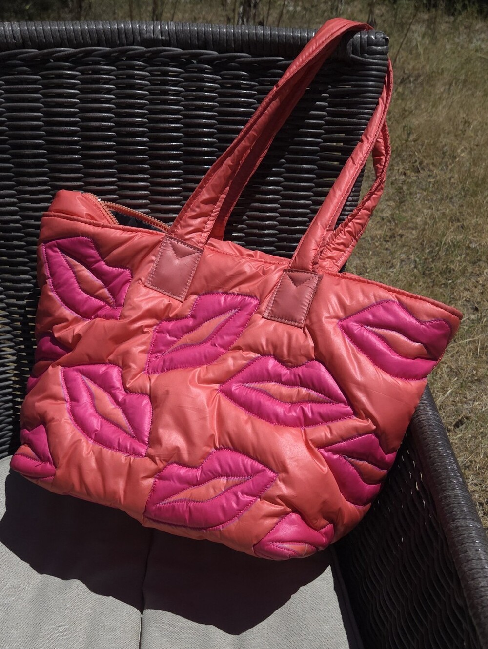 WILDFOX Puffy Lips Quilted Tote Shoulder Bag Neon Pink Coral Peach Maximalist